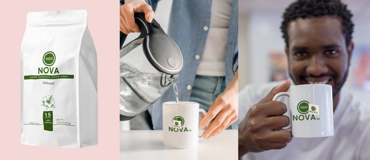 Tigo Nova Organic Hibiscus Tea and brewed cup