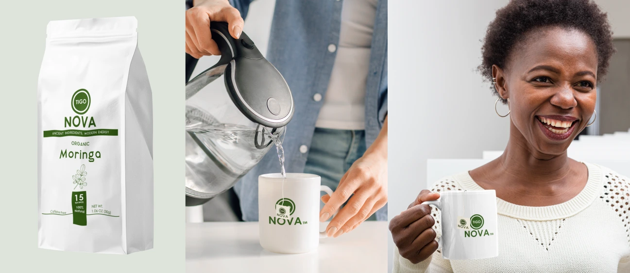 Tigo Nova Organic Moringa Tea and brewed cup